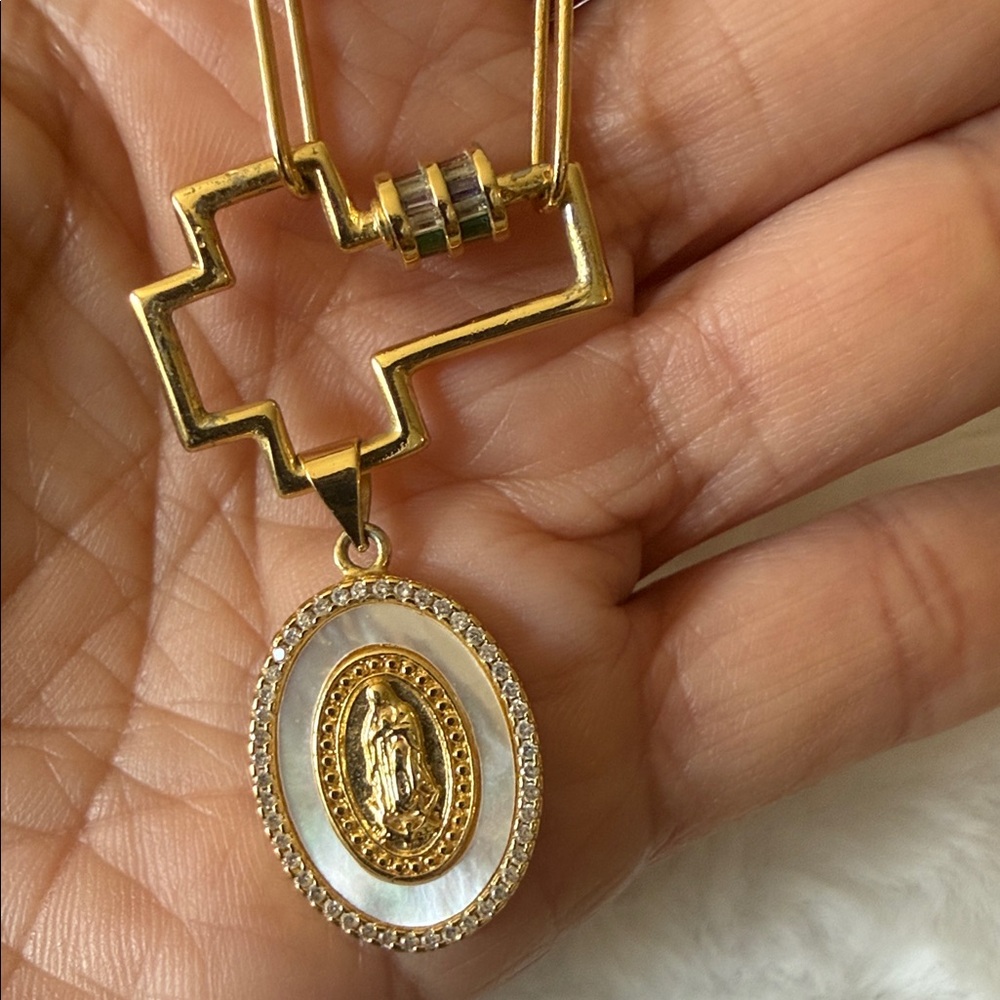 14K Gold-Plated Chain Cross Carabiner Mother of Pearl Mary Pendant Necklace